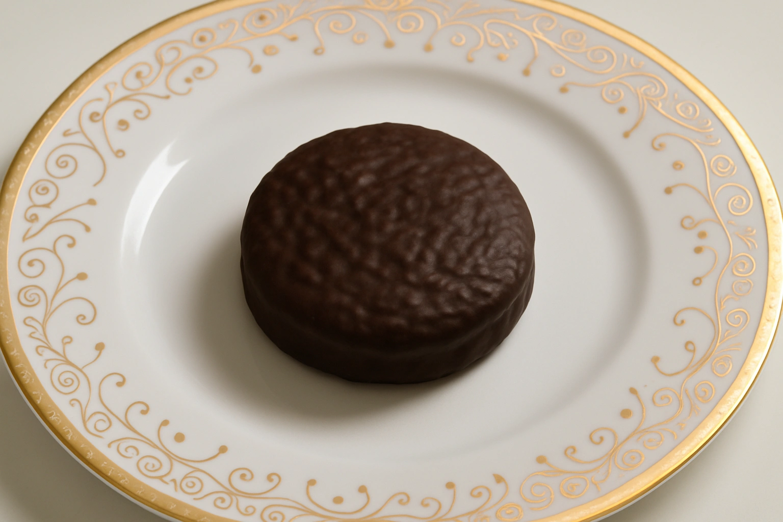 A round Japanese chocolate-coated snack served on a decorative porcelain plate.