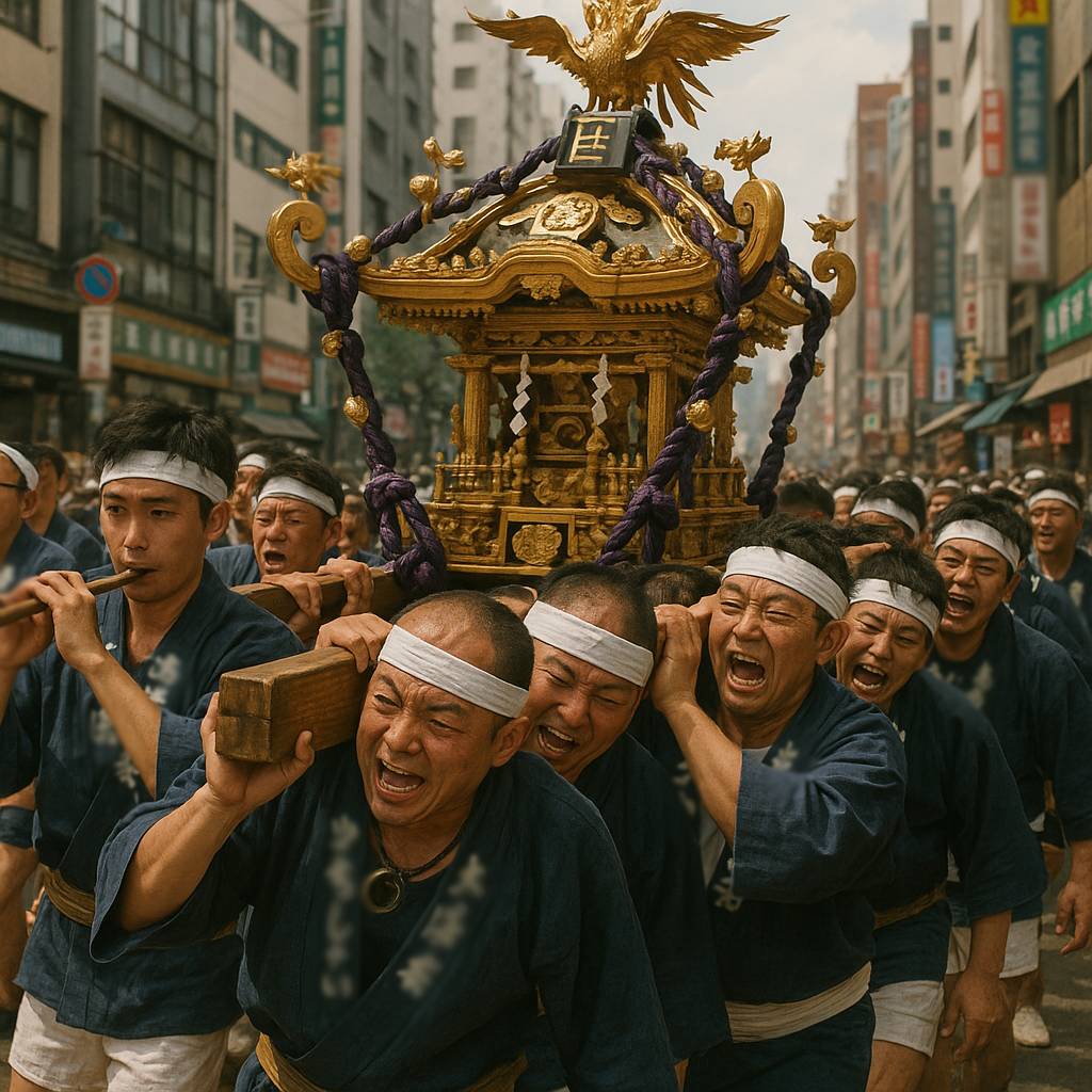 Illustration of a mikoshi parade—men carrying a sacred palanquin believed to house a deity during traditional Japanese festivals.