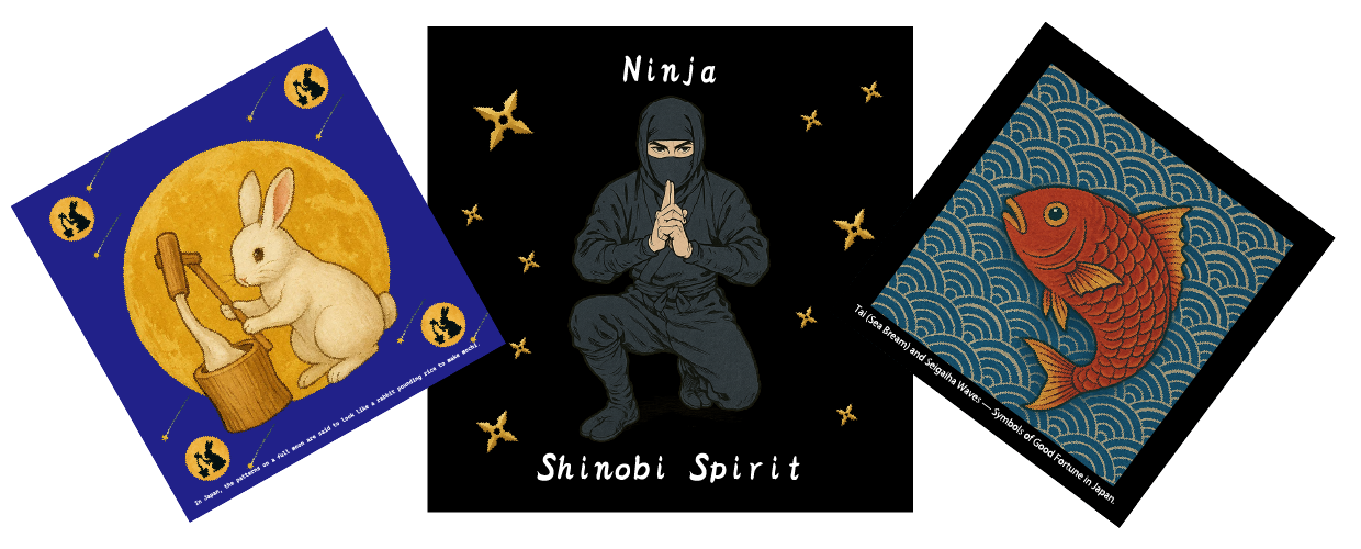 Three Japanese-themed origami patterns: a moon rabbit making mochi, a ninja with golden shuriken, and a red sea bream with Seigaiha waves.