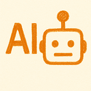 Crayon style AI robot icon with orange hand-drawn design