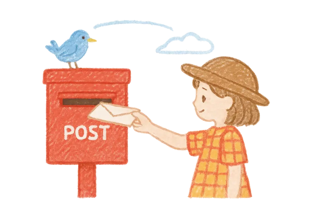 A young girl in a plaid dress mailing a letter while a blue bird watches from a red European-style post box, crayon-style illustration
