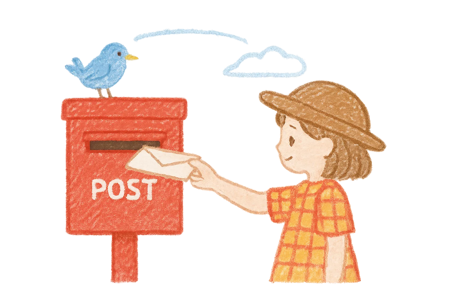 A young girl in a plaid dress mailing a letter while a blue bird watches from a red European-style post box, crayon-style illustration