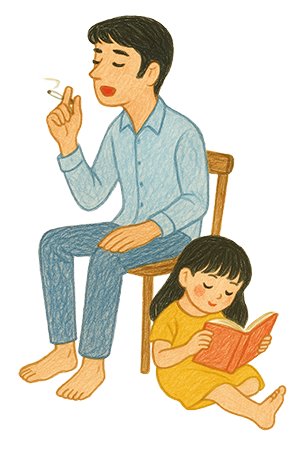 A tall father singing with a cigarette while his daughter reads a book beside him, crayon-style illustration