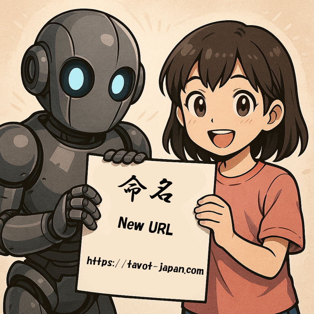 Robot and smiling Japanese girl holding a sign announcing the new TAVOT Japan website URL.