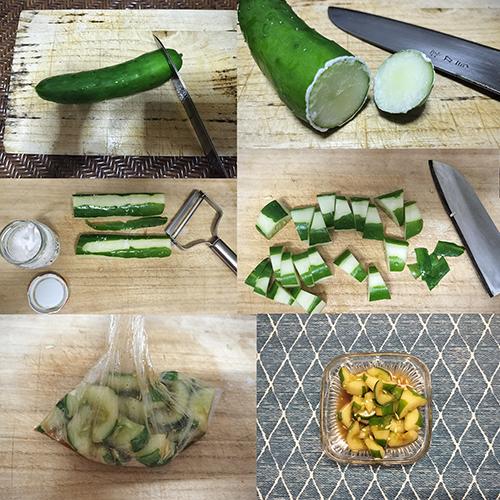 Step-by-step process of making Japanese cucumber pickles (asazuke) with fresh hydroponic cucumbers, from cutting and seasoning to the finished dish.