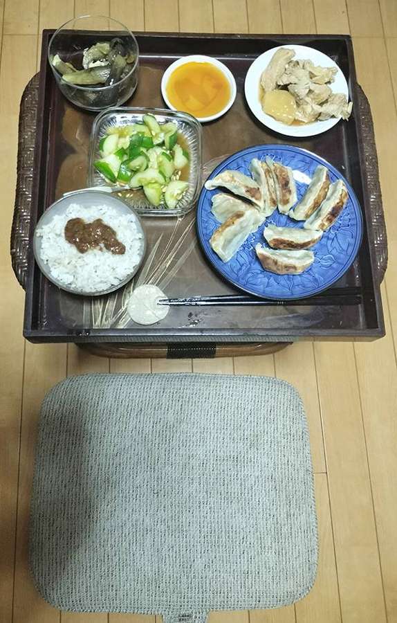 A homemade Japanese dinner with cucumber pickles (asazuke), gyoza, rice topped with miso condiment, chicken char siu, eggplant side dish