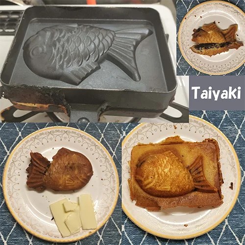 A collage showing the process of making homemade taiyaki using a cast-iron fish-shaped mold and serving it on plates.