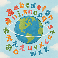 Cute illustration of the Earth surrounded by alphabet letters and Japanese Hiragana characters