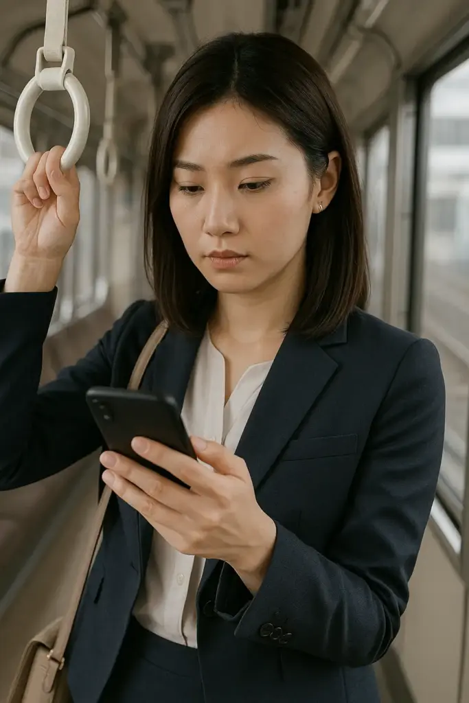 A Japanese businesswoman checking her smartphone on a commuter train.