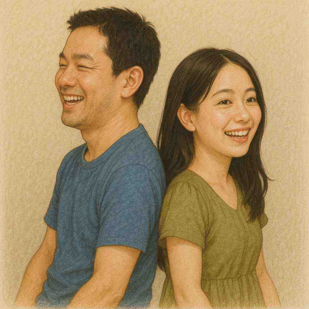 A smiling Japanese brother and sister sitting back-to-back, expressing warmth and connection after reconnecting.