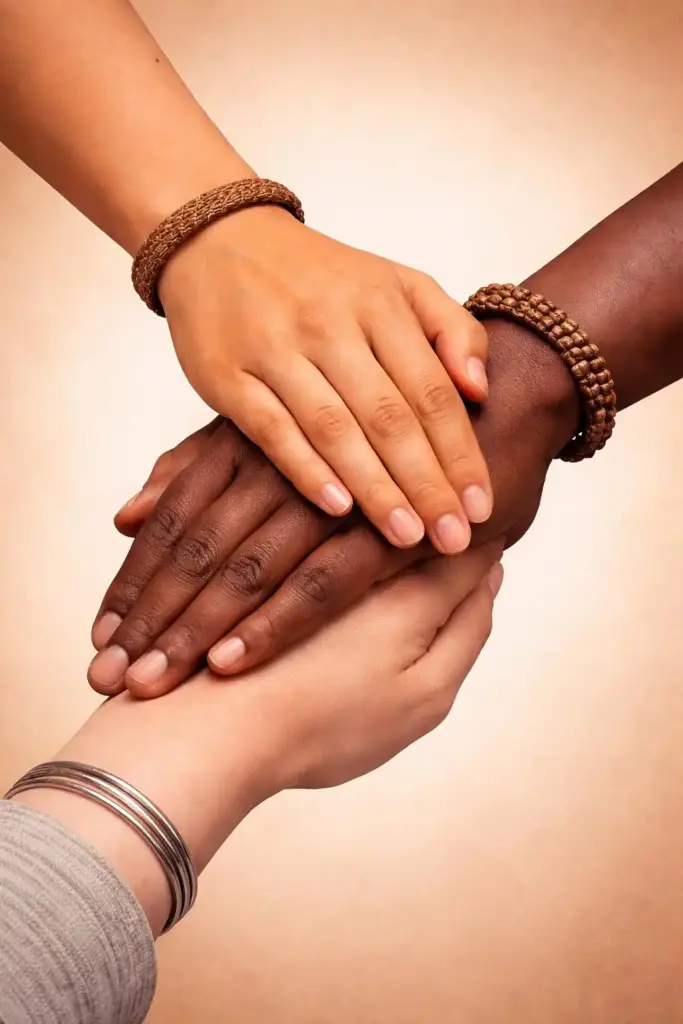 Three hands with different skin tones stacked together, symbolizing connection and understanding among multilingual language learners.
