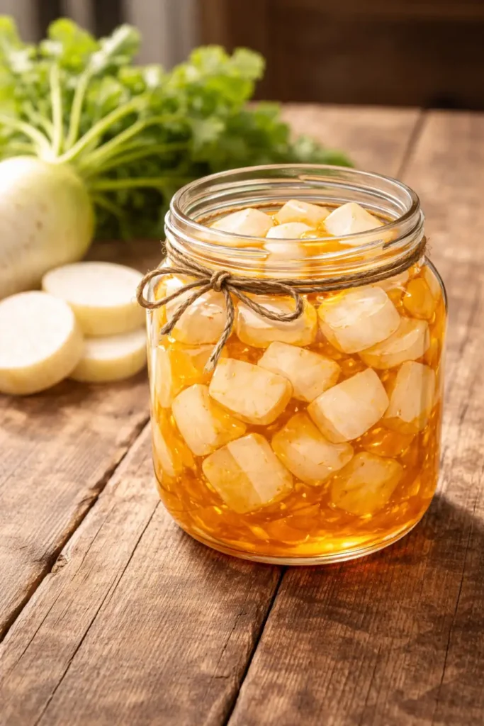 Honey-soaked daikon radish cubes in a glass jar – a traditional Japanese home remedy for sore throats and colds.