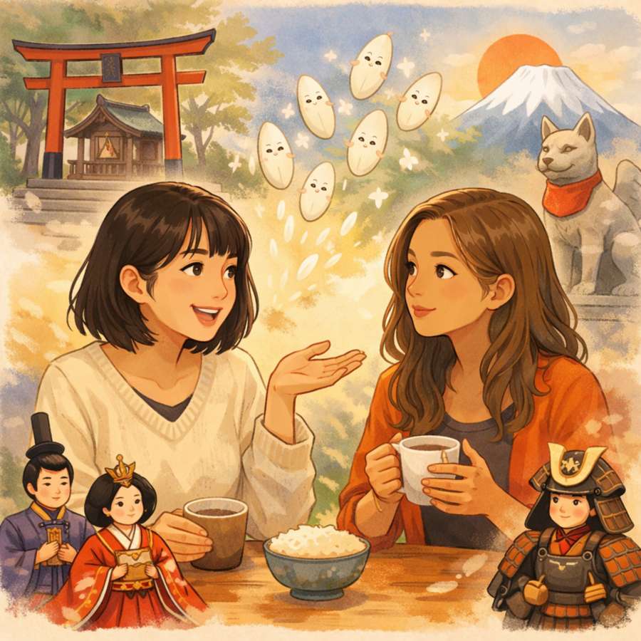 Illustration of two women discussing Japanese Shinto sensibility, animism, and traditional culture with hina dolls, samurai dolls, and rice spirits