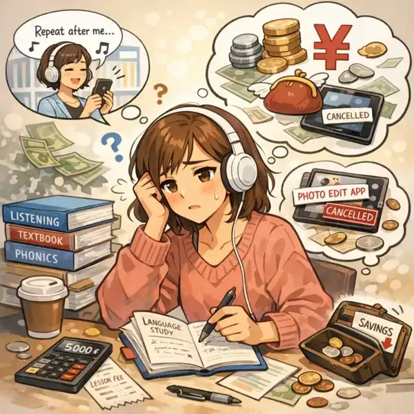 A woman struggling with language learning, listening practice, and financial stress while studying with headphones and textbooks
