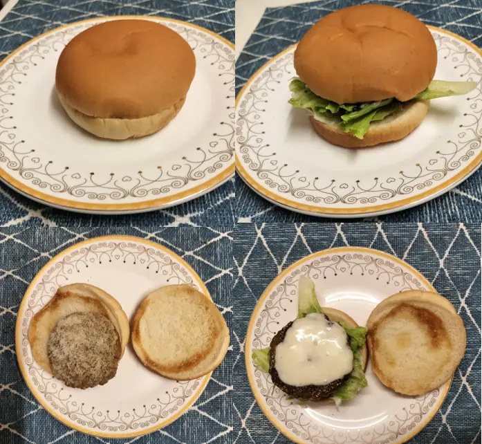 A step-by-step comparison of upgrading a cheap hamburger with fresh lettuce and sauce at home